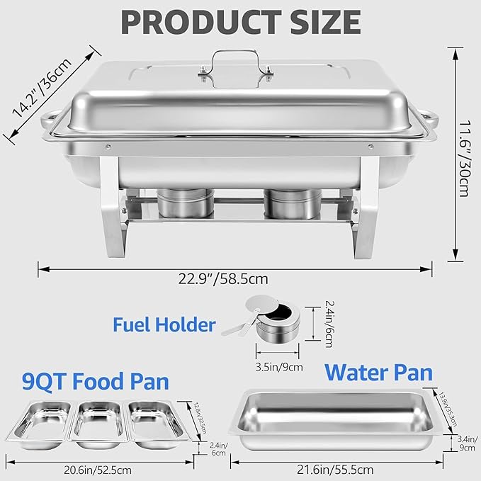 6 pack Chafing Dishes for Buffet of Stainless Steel Food Warmers 9 QT Chafers and Buffet Warmers Sets Commercial Catering Chafers, 12 Pans（full size+ 1/2 size+ 1/3 size)