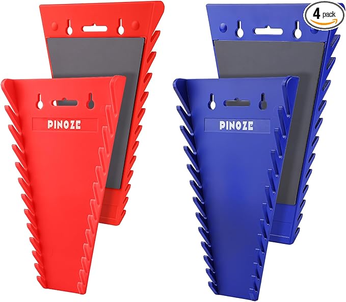 4-Piece Magnetic Wrench Organizer, 48-Slot Wrench Rack Tool Trays, Durable ABS Wrench Holder for Tool Box Drawer Chest, SAE (1/4" to 1-1/16") & Metric (6 to 24mm), Red/Blue