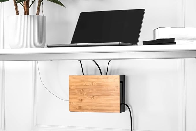 Bamboo Cable Management Box with Magnetic Lid & Ties - Elegant, Durable Cable Organizer to Hide Cords & Power Strip - Wall Mountable Box Hider for Home, Office, Desk & More (Black)