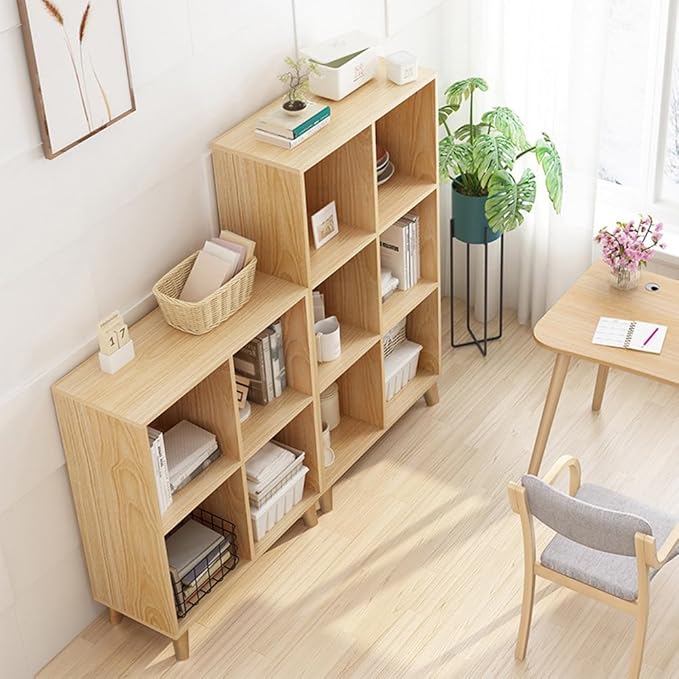 IOTXY Open Cube Low Bookcase - 3-Tier Freestanding Storage Display Cabinet Organizer with Legs for Home Office, 8-Cubes Open Shelf Short Bookshelf, Oak