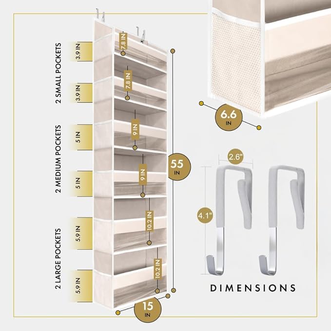 HOMELUX THEORY Over The Door Organizer Hanging - 50lbs Load 6 Large Front & 12 Side Pockets, 1 Pack Over The Door Shoe Organizer, Hanging Closet Organizer For Toys, Diaper - Sewing Organizers (Ivory)
