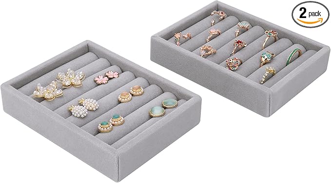 DesignSter Small Jewelry Tray, 2PCS Ring Organizer, Velvet Jewelry Display Tray, Stackable Jewelry Organizer Trays, Jewelry Drawer Organizer Inserts For Dresser, Jewelry Box (Gray)