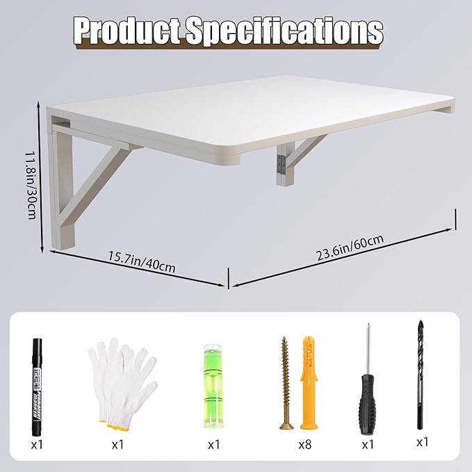 MM MELISEN Wall Mounted Folding Table, 23.6"L x 15.7"W, White, Space-Saving Design