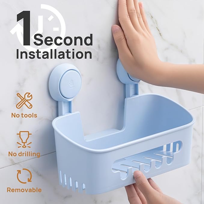 LEVERLOC Shower Caddy Suction Cup, Shower Organizer Removable Bathroom Shelf, Storage Suction Powerful Max Hold 22lbs Bathroom Caddy Waterproof Holder, Blue