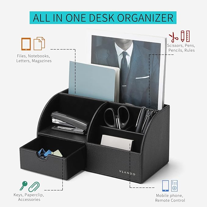 Vlando Office Desk Organizer Leather Desktop Organizer Caddy with Drawer for Storing Desktop Supplies and Accessories (Black)