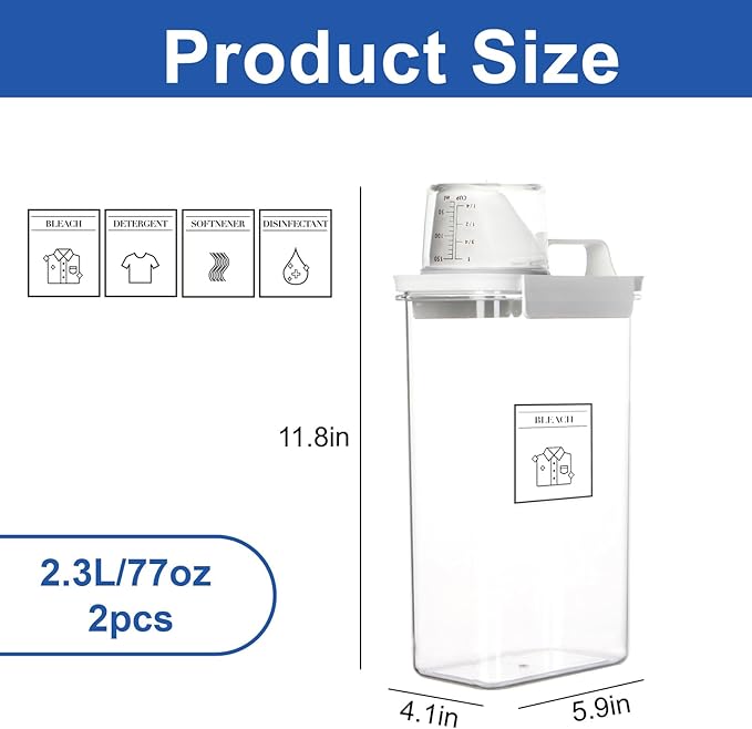 Laundry Detergent Dispenser, Liquid Laundry Container & Powder Soap Dispenser, 2 Pack Plastic Laundry Storage for Laundry Room Organization, Fabric Softener Dispenser (2.3L)