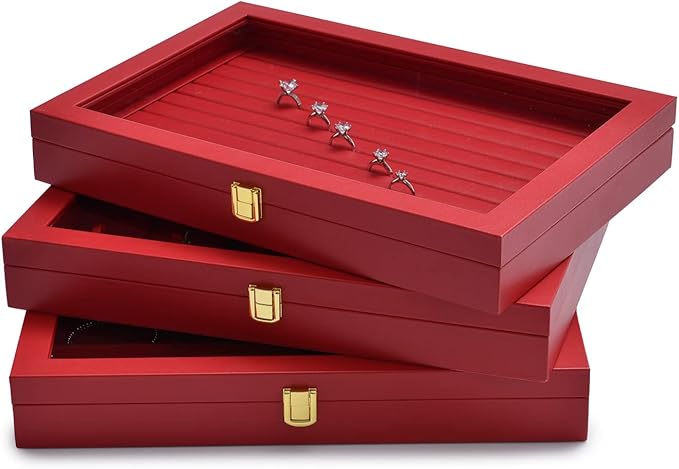 Oirlv 12 Gird Jewelry Tray with Acrylic Lid Premium Leather Jewelry Organizer Box Transparent Lid Bracelet Bangle Storage Case for Women Gift