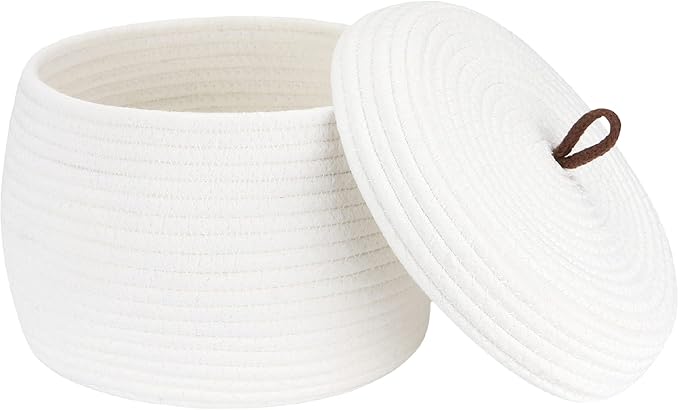 Sea Team Round Cotton Rope Storage Basket with Lid, Decorative Woven Storage Bin, Pot, Caddy, Organizer, Container for Snacks, Towels, Plants, 10 x 7.5 Inches (Small, White)