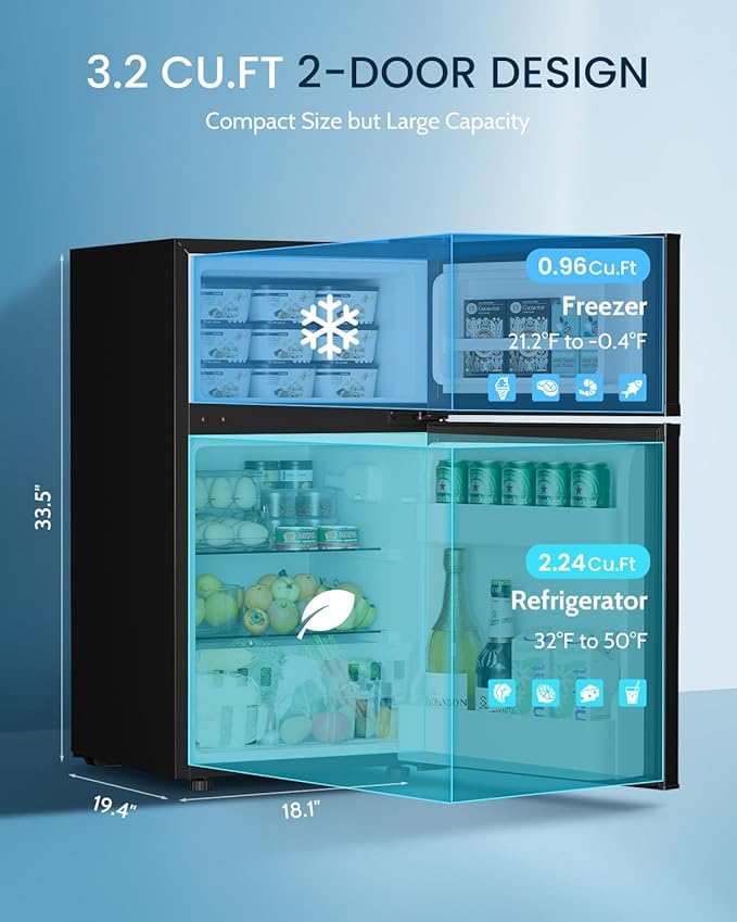 3.2 Cu.Ft Mini Fridge with Freezer - 2 Door Small Refrigerator, Mini Refrigerator with Adjustable Thermostat, Removable Shelves, Mini Fridge for Bedroom, Office, Dorm, Apartment, Black