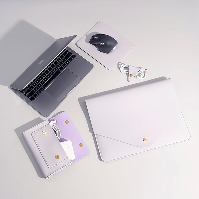 PU Leather Laptop Sleeve 16 Inch Compatible with New MacBook Pro 16 A2991 A2780, MacBook Pro 15, Surface Book 15, Dell XPS 15 with Small Pouch, Mouse Pad and Cord Organizer Color Light Purple