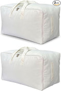 Soft Canvas Clothes Storage Bags with Four Carrying Handles and Clear Window, Closet Organizer for Clothing, Blankets Sheets Pillows and Bedding, 55L, 2 Pack, White