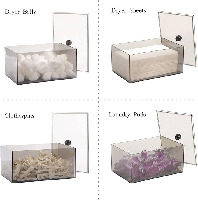 zoocatia Laundry Dryer Sheet Holder Clear Detergent Pods Container Dryer Balls Dispenser with Lid, Acrylic Plastic Storage Box for Laundry Room, Grey