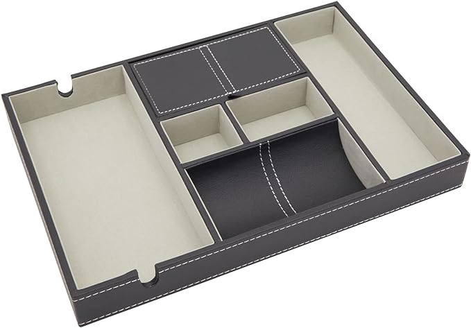 Juvale Nightstand Organizer Tray - 14 x 10 x 1.5 in, Black Faux Leather - Valet Tray for Men with 6 Compartments for Watch, Jewelry & Keys