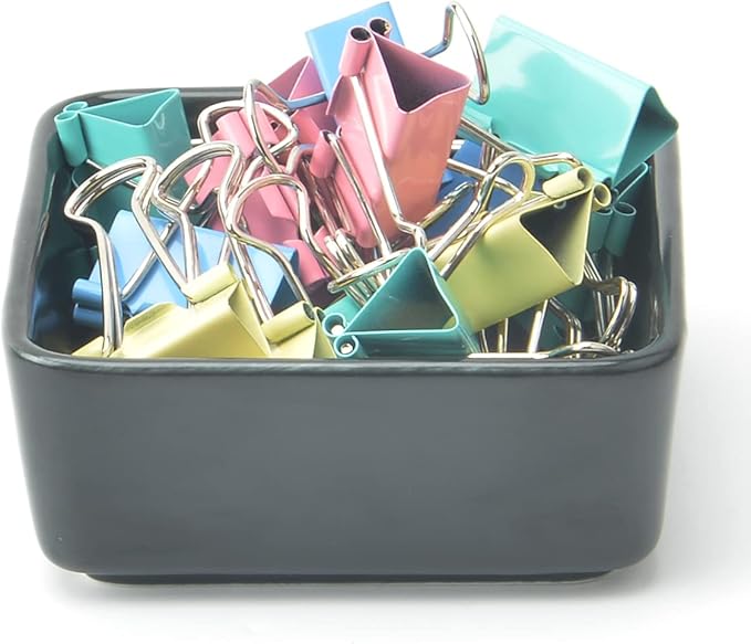2 PCS Ceramic Paper Clip Organizer, Square Dispenser for Desk, Binder Clip Holder and Bobby Pin Holder, Compact Office Gift, Black