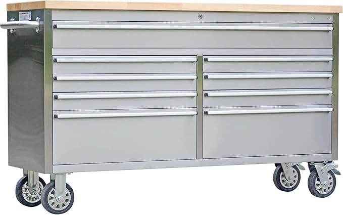 61 in Tool Chest, Tool Box Mobile 9 Drawers Storage Rolling Cabinet with Wheels Lock Key Locking System Drawer Liners for Garage Warehouse Repair Shop