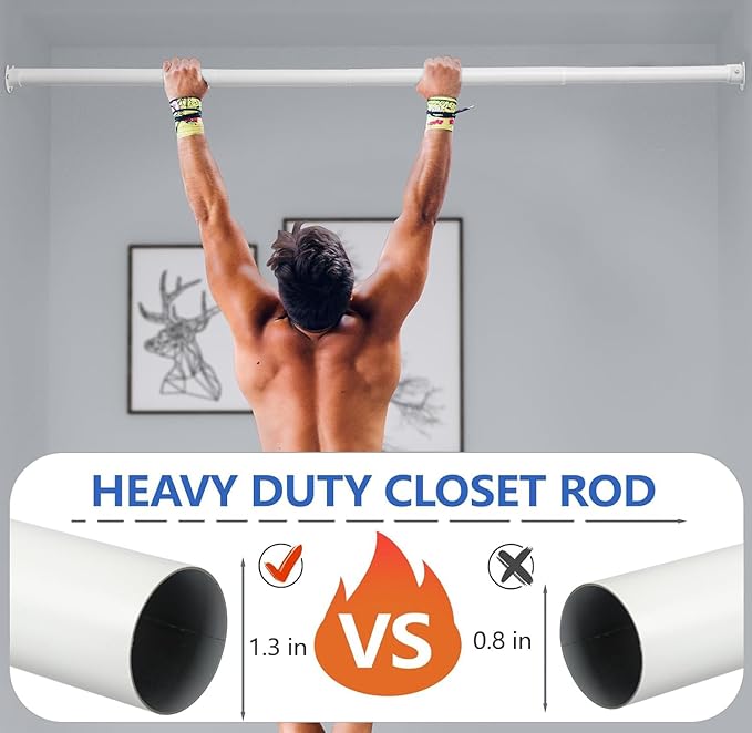 Closet Rod, 17 to 82 Inch Closet Rods for Hanging Clothes, Heavy Duty Adjustable Closet Hanging Rod Bar White Closet Poles for Wardrobes, Closet, Bathroom, Windows,1.3 Inch Diameter