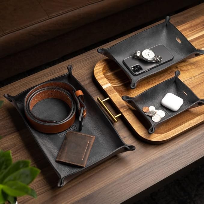 Main Street Forge Leather Valet Tray for Men – Rustic EDC Organizer for Keys, Phone & Wallet – Made in USA – Midnight Black