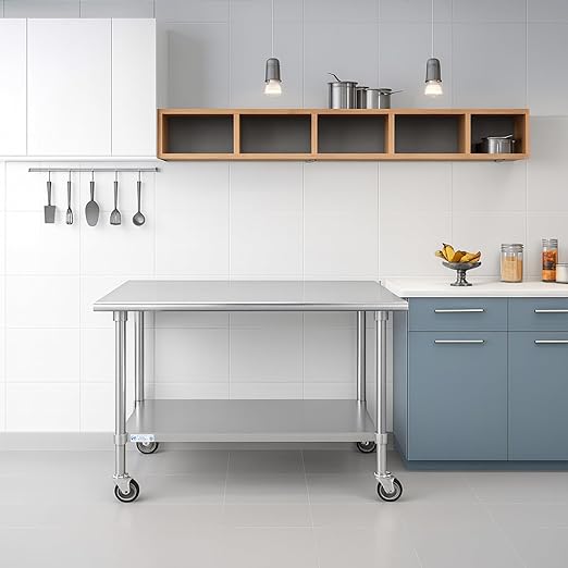 Hally Stainless Steel Table for Prep & Work 24 x 48 Inches with Caster Wheels, NSF Commercial Heavy Duty Table with Undershelf and Galvanized Legs for Restaurant, Home and Hotel