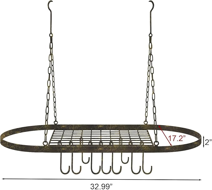 Sorbus® Pot and Pan Rack for Ceiling with Hooks — Decorative Oval Mounted Storage Rack — Multi-Purpose Organizer for Home, Restaurant, Kitchen Cookware, Utensils, Books, Household (Rustic)