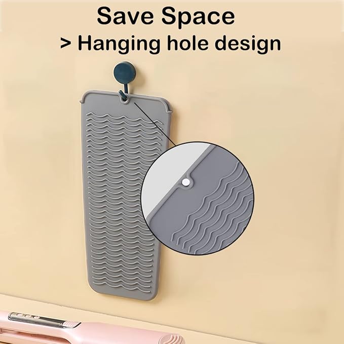 Heat Resistant Silicone Mat with Hanging Hole, Straightener Heat Resistant Travel Mat & Pouch for Curling Iron, Flat Iron and Other Hot Hair Styling Tools, 11 x 5 in, Gray