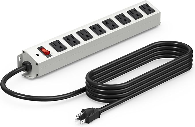CCCEI Corner Mount Angle Power Strip, Under Cabinet Heavy Duty 8 Outlets Power Strip 20Amp, Metal Underneath Desk Plug Surge Protector, Wall Mountable, for Garage, Shop, Kitchen. 3FT Extension Cord.
