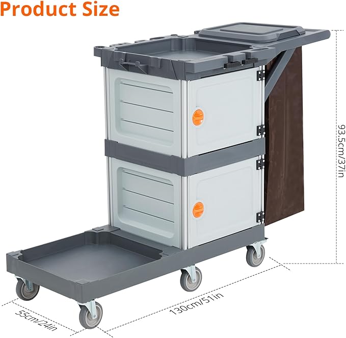 Commercial Janitorial Cart, 3-Shelf Housekeeping Cleaning Cart with 2 Cabinet, Wheels, Cover, Shelves, and Oxford Bag, Traditional Janitorial Cart for School Hotel Apartment