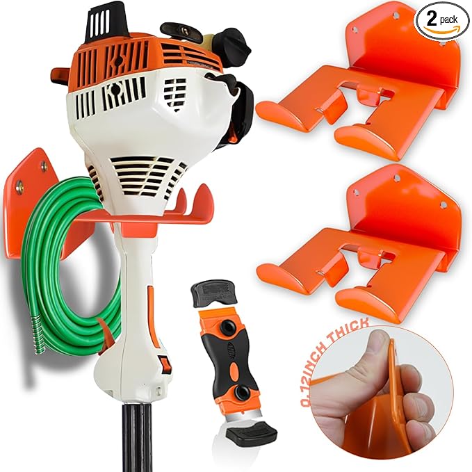 Weedeater Rack 2 Pack Weed Eater Hanger with Advanced Polymer Coating Fully Enveloping the Bracket Provides Scratch-Proof Protection with Razor Blade Scraper Tool for Grass Trimmer Garage Garden Tool