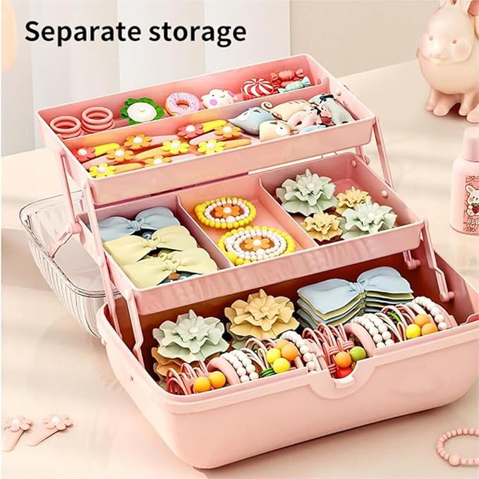 Cute Hair Accessories Organizer 3-Layers Kids Jewelry Storage Box Plastic Hair Accessories holder for Girls (Purple, 10.8 x 5.7 x 5.9 Inch)