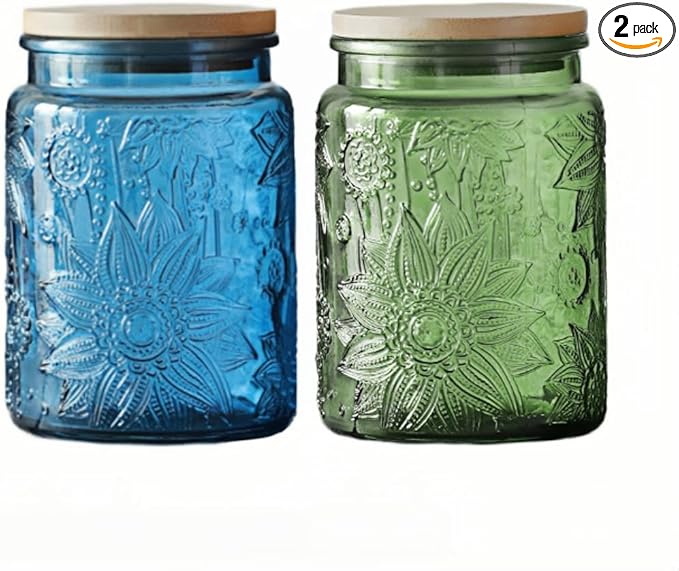 ANSQU Set of 2 Vintage Glass Canister, 23.7oz Candy Jars with Lids, Vintage Colored Mason Jar for Kitchen Decorative Jars for Coffee Tea Cookies, Cute Jar (Blue & Green)