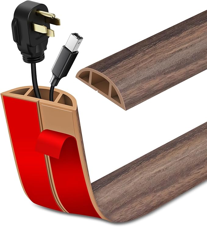 Floor Cord Cover Self Adhesive Cord Hider Floor Extension Cord Covers for Floor Power Cord Protector Cable Management Prevent Cable Trips Cable Cavity 0.47" W x 0.27" H (Smoked Brown Wood, 20Ft)
