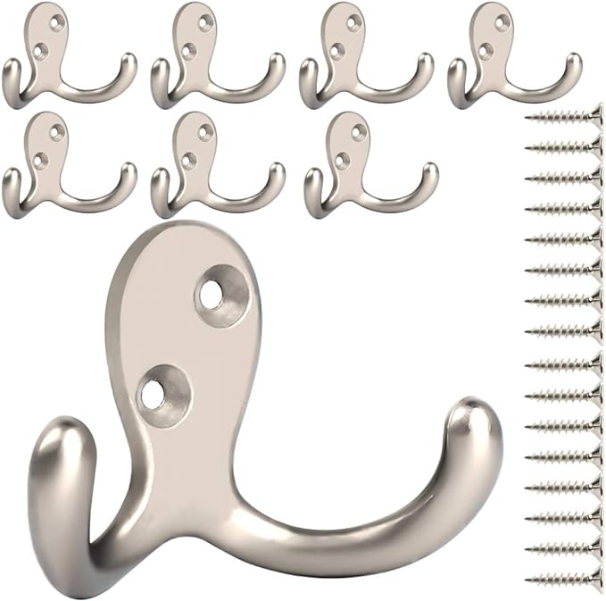 IBosins 8 Pack Heavy Duty Double Prong Coat Hooks Wall Mounted with 16 Screws Retro Double Hooks Utility Hooks for Coat, Scarf, Bag, Towel, Key, Cap, Cup, Hat