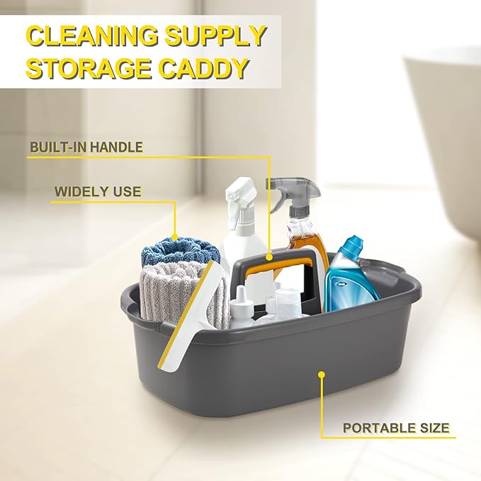 Cleaning Caddy, Cleaning Caddy Organizer with Handle, Plastic Tool Storage Cleaning Supply Caddy for College Dorm, Kitchen, Garden, Under Sink,Gray