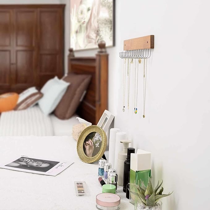 Wall Mounted Necklace Holder, Farmhouse Style Necklace Holder, Tangle Free Wall Jewelry Organizer with 28 Hooks(2 Packs,Natural)