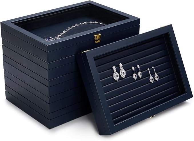Oirlv 12 Gird Jewelry Tray with Acrylic Lid Premium Blue Leather Jewelry Organizer Box Transparent Lid Bracelet Bangle Small Watch Storage Case for Women Gift