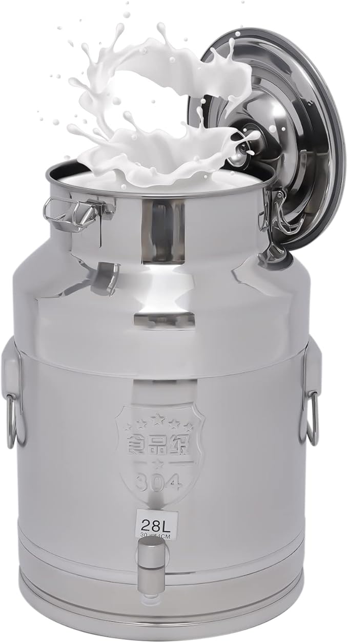 7.4Gallon Milk Can,Milk Bucket Wine Oil Rice Pail Bucket Milk Can 304 Stainless Steel Tote Jug with Sealed Lid and Spigo,For Storing Ghee, Milk, Wine,Wheat,Beans,Tea Leaves,Grains