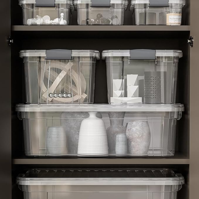 Superio Clear Storage Boxes with Lids, 26 Quart Plastic Container Bins for Organizing, Stackable Crates, BPA Free, Non Toxic, Odor Free, Organizers for Home, Office and Dorm, 8 Pack