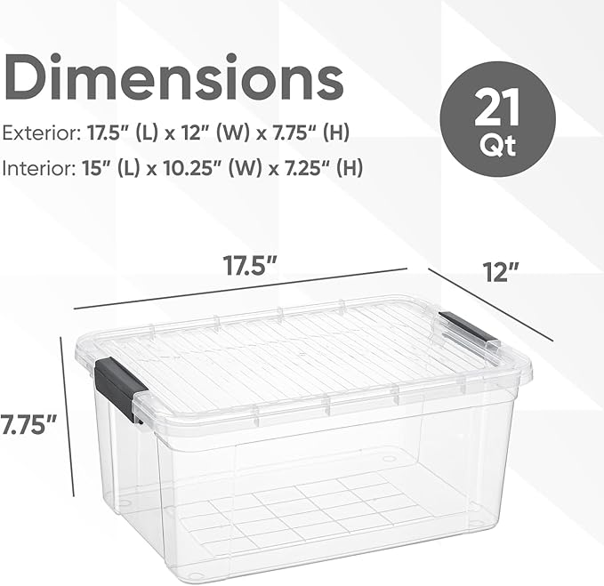Superio Clear Storage Boxes with Lids, 21 Quart Plastic Container Bins for Organizing, Stackable Crates, BPA Free, Non Toxic, Odor Free, Organizers for Home, Office and Dorm, 8 Pack