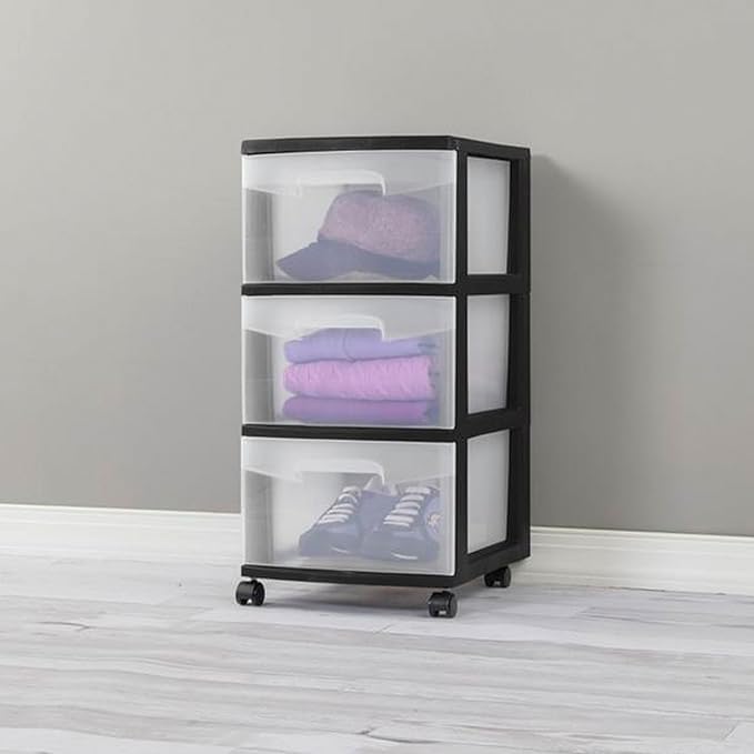 Sterilite 8 Pack Plastic Storage Organizer, 3 Drawer Rolling Bin Cart, Closet Organization, Black