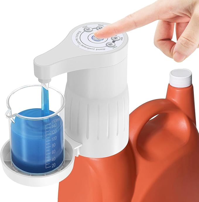 Electric Laundry Detergent Dispenser with Graduated Cup, Smart Laundry Soap Pump for Liquid Detergent Containers, No-Spill Design, Reducing Women's Work for Laundry Room Organization