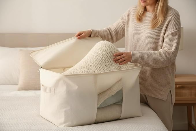 Soft Large Canvas Comforter Storage Bags with Four Carrying Handles and Clear Window, Closet Organizer for Clothing, Blankets Sheets Pillows and Bedding, 80L, White
