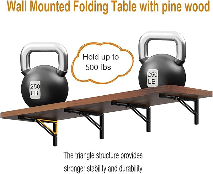 IAE Wall Mounted Folding Table with Pine Wood,72" x 16" Floating Wall Desk,Laundry Folding Table with Shelf Brackets,Fold Down Desk Shelf,Folding Workbench for Home,Dining,Laundry Room,Kitchen,Teak