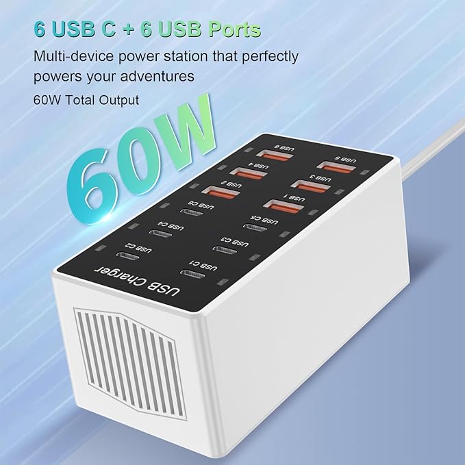 USB C Charging Station Cell Phone Wall Charger 12Ports USBC Fast Charging Power Hub Cube 6 USB A 6 USB C Charger Block Power Strip Dock Adapter for iPhone 15/14/13 iPad Android Smart Phones