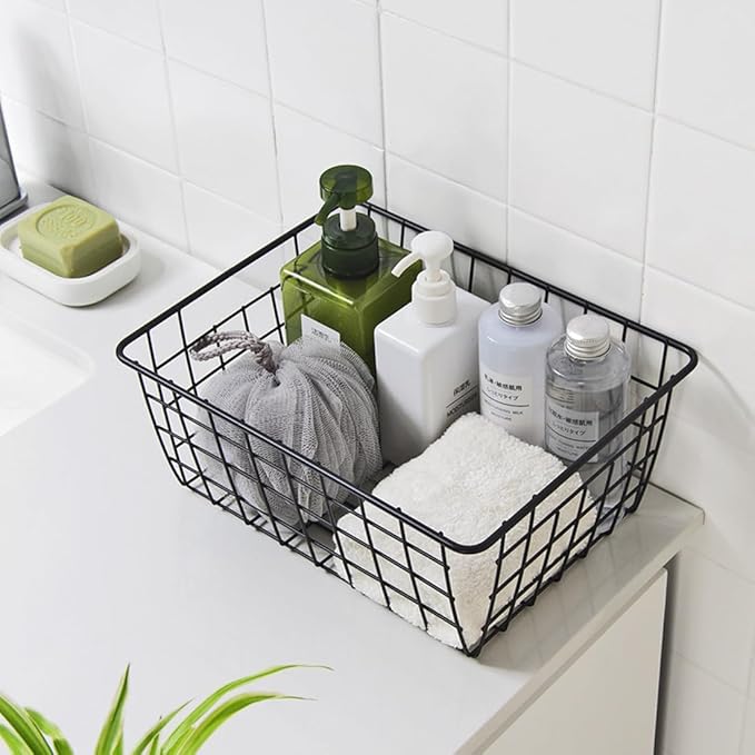 Kitchen Wire Baskets Farmhouse Decor Metal Food Storage Organizer,Household Refrigerator Bin with Built-in Handles for Cabinets,Pantry,Bathroom,Black