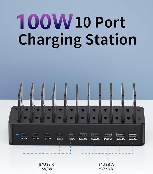 100W Charging Station for Multiple Devices, 10-Port USB Fast Charging Station with Adjustable Dividers & 10 Cables- Multi Device Organizer Charging Dock for iPhone, iPad, Tablets & More