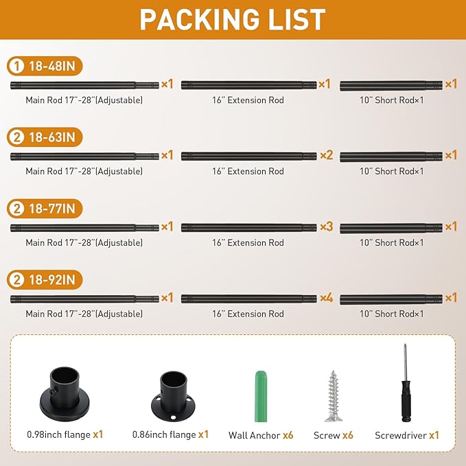 Black Adjustable Closet Rod 18-92 Inches, Heavy Duty Metal Clothes Hanging Rod, Rust-Proof Non-Slip Wardrobe Bar for Closet, Laundry Room, RV