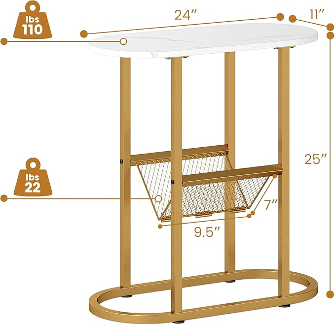 Tangkula Oval Narrow Side Table, 2-Tier End Table with Mesh Magazine Rack, Steel Frame, Industrial Nightstand, Compact Sofa Bedside Table for Living Room Bedroom, White & Gold