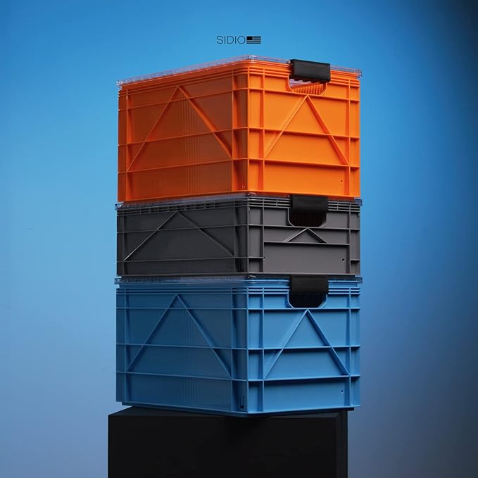 SIDIO CRATE Starter Pack - Two Full Size and One Half Size Heavy Duty Stackable Storage Bins, Totes with Lids and Dividers - Durable Organizer for Home, Office, Garage, and Outdoor Use - Stealth