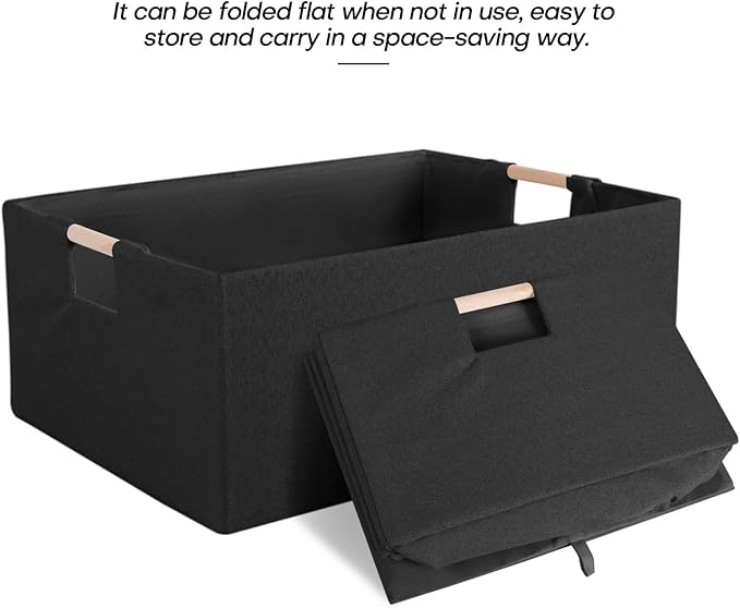 Fabric Storage Bin 3 Pack Foldable Cotton Linen Storage Basket with Wooden Handles Rectangular Cube Box– Black, Large