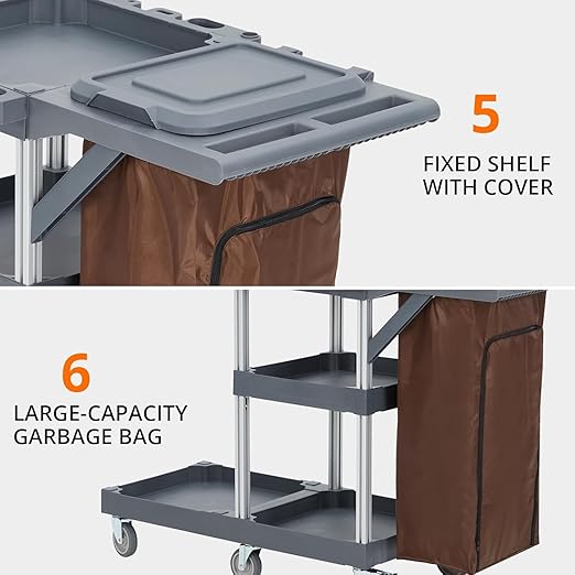 Commercial Traditional Janitorial 3-Shelf Cleaning Cart on Wheels with Cover and Vinyl Bag, Custodial Cart, Housekeeping Carts for Hotels, Stores, Schools, and Business