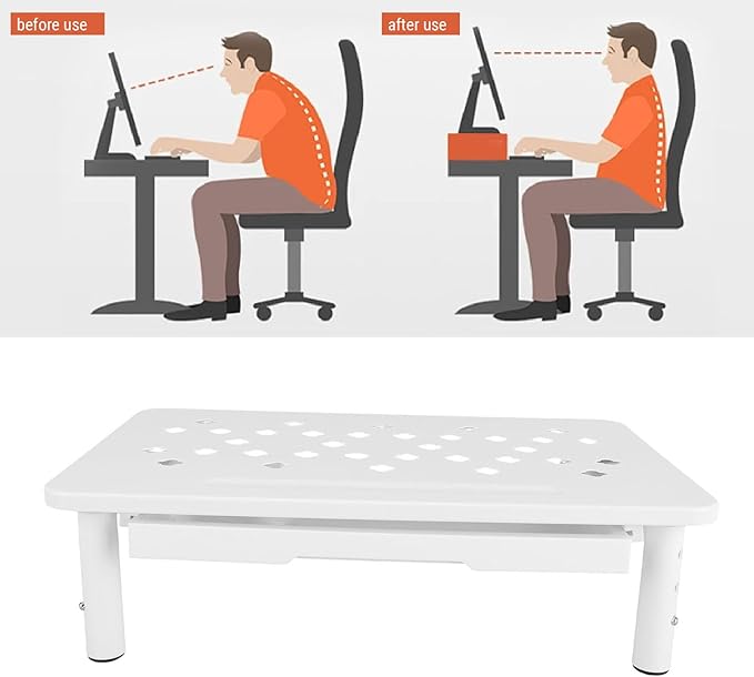 Denash Desktop Computer Riser Stand with Drawer, 3 Adjustable Height Metal Monitor Stand, 20KG Capacity Laptop Shelf for Workspace Organization (White)